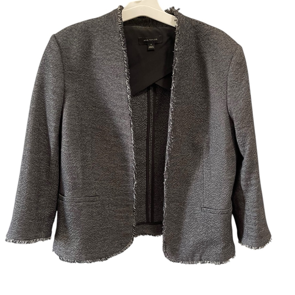 Ann Taylor open front tweed raw hem blazer black/white size 12 boxDX‎